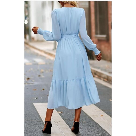 Womens Boho Small Light Blue Long Sleeve Midi Dress Elastic Waist Belt Wedding - Picture 2 of 12